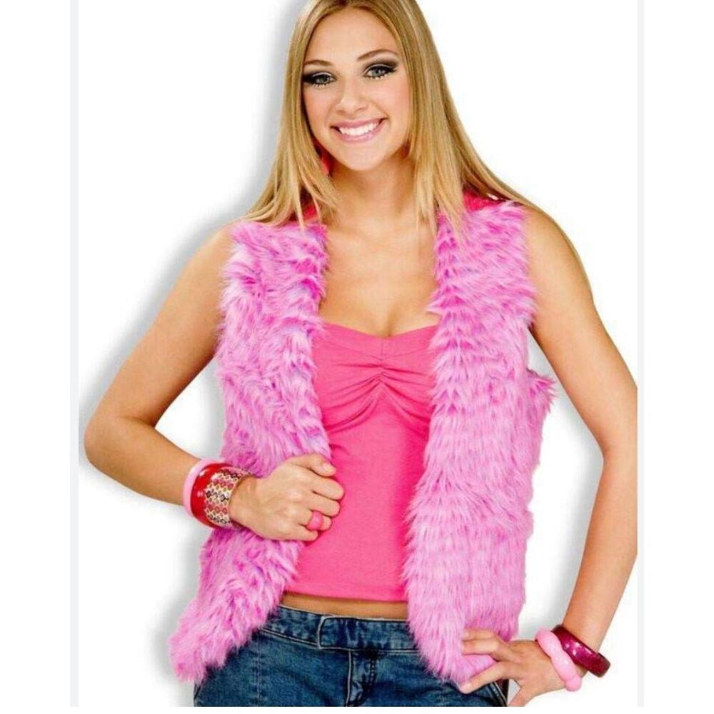 Halloween Groovy Pink Vest Faux Fur 60s Hippie Costume Up to 42" Chest New